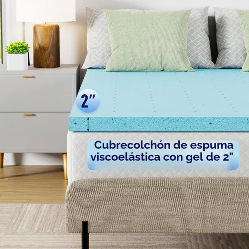 Vista 5 de PayLessHere - Cubrecolchón de espuma viscoelástica de gel completo de 2 pulgadas, firme de felpa, color azul Cubrecama de diseño ventilado