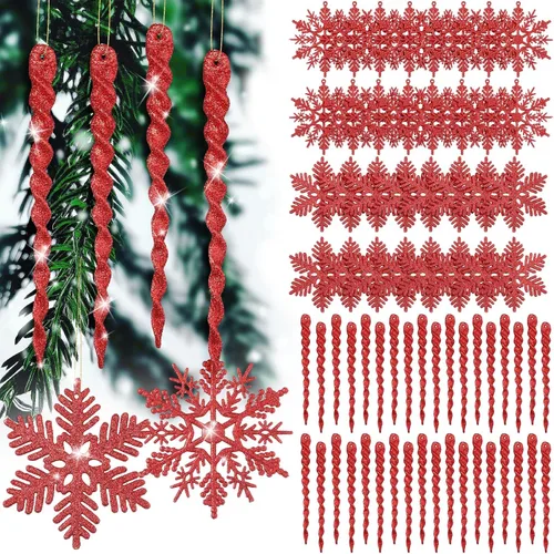 Vista 7 de Deekin 72 piezas adornos de carámbano de copo de nieve para árbol de Navidad, carámbanos torcidos de copo de nieve con purpurina, decoraciones