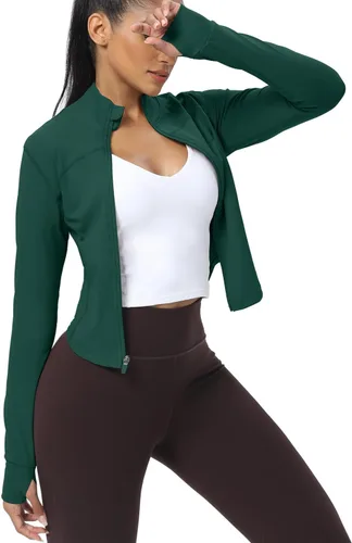 Vista 76 de AVGO Chaquetas de entrenamiento recortadas para mujer, con cremallera, ajustadas, atléticas, con agujeros para el pulgar