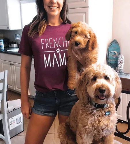 Vista 10 de Camiseta de manga corta con texto en inglés «Frenchie Mama», con estampado de letras para mujer, estilo casual