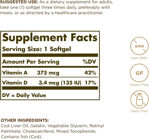 Vista 2 de Solgar Aceite de hígado de bacalao, 100 cápsulas blandas, paquete de 2, proporciona vitaminas A y D, sin OMG, sin gluten, 200 porciones en total