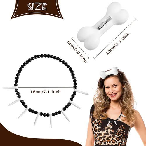 Vista 6 de SATINIOR Disfraz de mujer de caverna, con clip para el pelo de hueso, collar de caverno, cueva de leopardo, accesorios de disfraz para cosplay