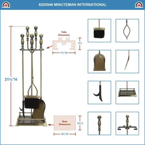 Vista 2 de Minuteman International Oxford - Juego de herramientas para chimenea de 5 piezas, latón antiguo Latón envejecido