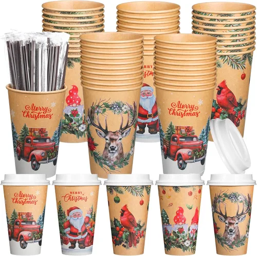 Vista 8 de Uiifan Paquete de 50 Tazas de Café Navideñas de 16 oz a Granel Negras Doradas con Copos de Nieve Tazas Desechables Tazas de Papel Feliz Navidad