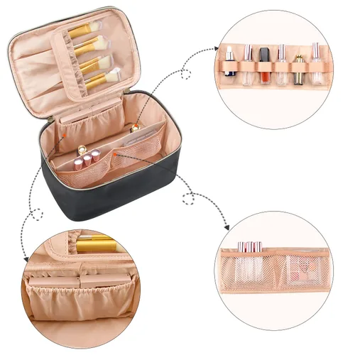 Vista 3 de OCHEAL Bolsa de maquillaje, bolsa de cosméticos portátil, organizador de maquillaje de viaje de gran capacidad, color negro para mujeres, bolsa