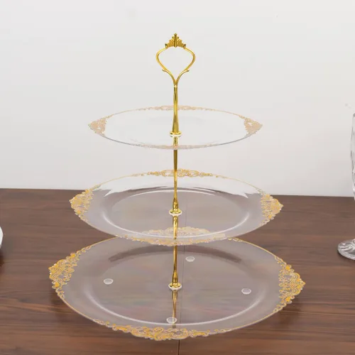 Vista 2 de Efavormart - Soporte de plástico transparente para cupcakes de 3 niveles con borde barroco dorado en relieve, soporte redondo de postres