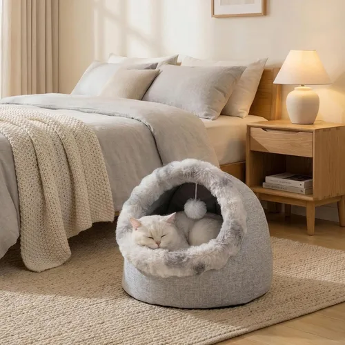 Vista 5 de Avont Cueva de cama para gatos de interior, semi-cerrada con cojín lavable