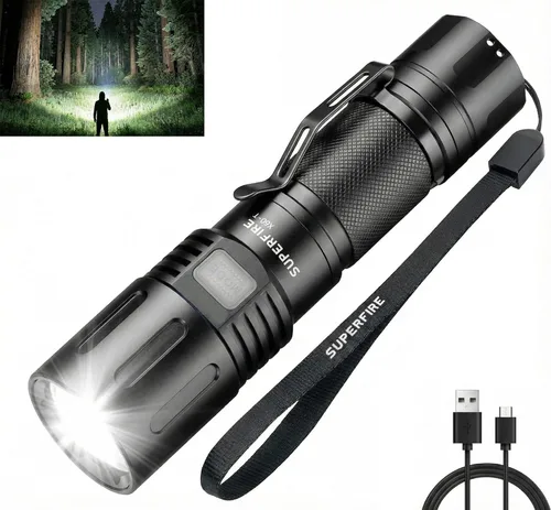 Vista 9 de SuperFire 1000 lúmenes, linternas LED recargables súper brillantes, linterna táctica con zoom con potentes chips, linterna de bolsillo de 4 modos