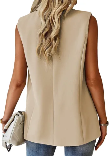 Vista 5 de Mina self Chaqueta sin mangas para mujer, casual, ligera, color sólido, chaleco abierto al frente, cárdigan con solapa y bolsillos