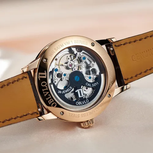 Vista 8 de OBLVLO Relojes casuales de lujo con diseño de esqueleto, oro rosa, relojes automáticos, cristal de zafiro VM-S