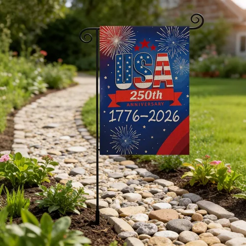 Vista 6 de Bandera de jardín de 250 años de Estados Unidos, pancarta de 250 aniversario con diseño de fuegos artificiales, letrero patriótico del 4 de julio