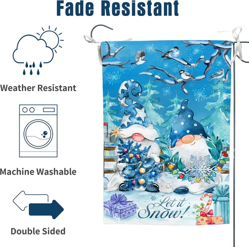 Vista 3 de Bandera de jardín de copos de nieve de gnomo azul de doble cara, Let it Snow Invierno decorativo para casa, patio, bandera pequeña al aire libre