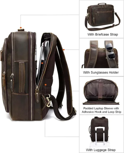 Vista 5 de Mochila vintage de cuero expandible 2 en 1 para hombre, maletín cruzado de hombro grande, mochila de viaje para trabajo, senderismo, para laptop