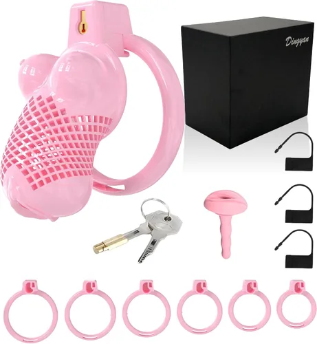 Vista 8 de Chastity Cage for Men, 3D Printed Female Bust Design Cage Penis (Pink, S) Premium Gift Box Packaging; Set Includes Cage, 3 Invisible Locks, 2