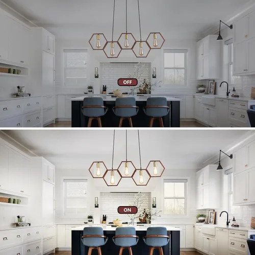 Vista 6 de Iluminación industrial de isla de cocina de 5 luces, lámparas rústicas para comedor, lámpara de granja, lámpara colgante de techo de madera