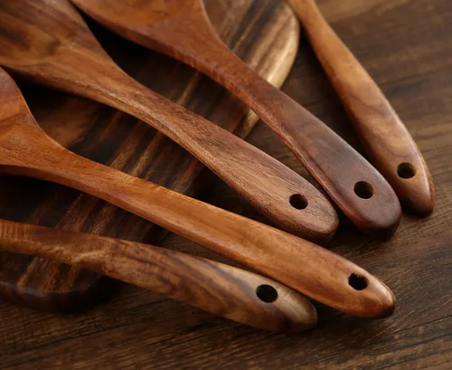 Vista 6 de Juego de utensilios de cocina de madera, 7 cucharas y espátulas de madera de teca natural para sartén antiadherente