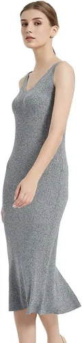 Vista 3 de RZIV Vestido de suéter sin mangas para mujer, de punto, delgado, con cuello en V, ajustado, elástico, ajustado