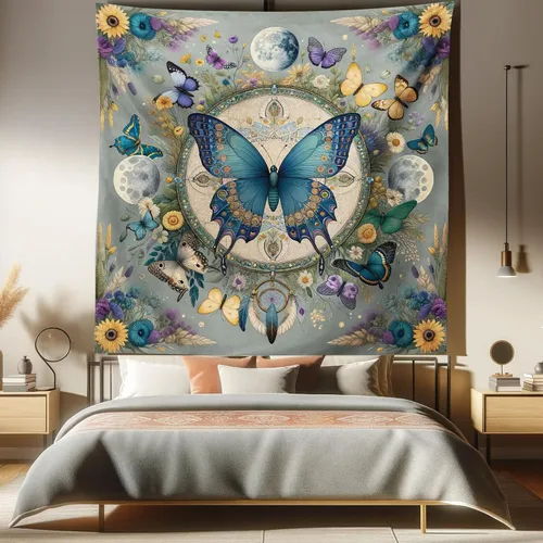 Vista 175 de Ambesonne Tapiz bohemio, diseño floral de bruja, luna y mariposa con adornos de mandala, decoración de tela para colgar en la pared para dormitorio