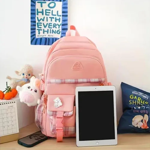 Vista 7 de Juego de 5 mochilas estéticas con alfileres y colgante, tamaño grande, estilo japonés kawaii, para la universidad, mochila para computadora Negro