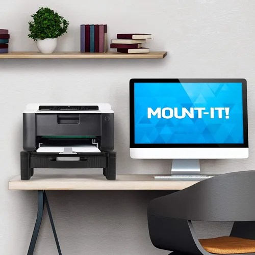Vista 4 de Mount-It! Elevador de monitor con cajón Soporte de monitor de altura ajustable con almacenamiento deslizante de tres filas Elevador