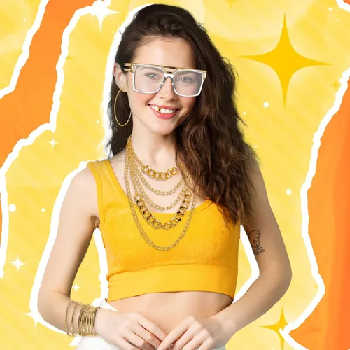 Vista 8 de Remuuly Kit de accesorios de trajes de los años 80 y 90 para mujeres y hombres, disfraz de rapero de hip hop, lentes dorados, collares gruesos