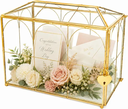 Vista 10 de YIMORENCE V Tarjetero de cristal dorado – Caja de sobres de boda con forma rectangular con ranura y pie, perfecto para recepción y centro de mesa