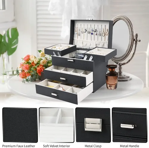 Vista 6 de Dajasan Cajas de joyería para mujeres y niñas, caja organizadora de joyas, organizador de joyas grande de 4 capas para aretes, anillos, collares