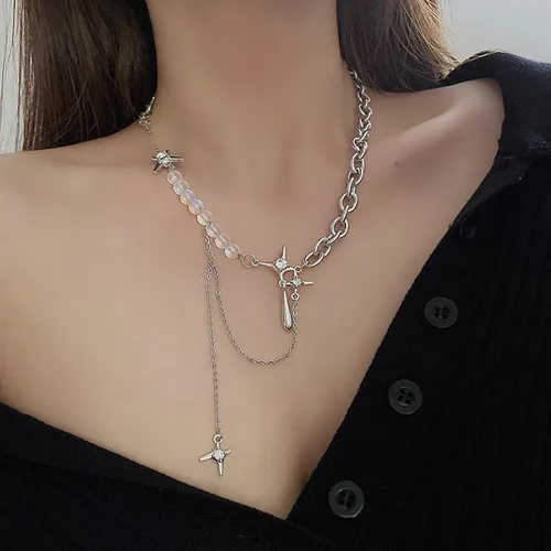 Vista 6 de Y2k - Collar irregular con dije de estrella, piedra de luna, diseño de cadena de moda, joyería de plata picante para mujer