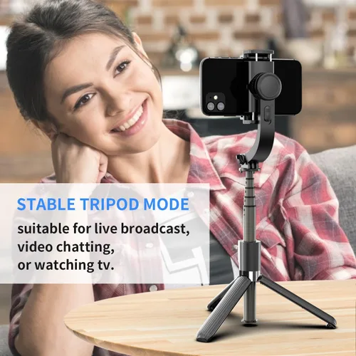 Vista 6 de Estabilizador de cardán para smartphone, con palo selfie retráctil y trípode, control remoto multifunción de 1 eje con rotación automática de 360°