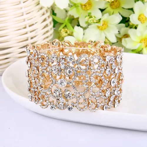 Vista 4 de EVER FAITH Pulsera elástica de cristal austríaco con corazón Art Deco para mujer, transparente