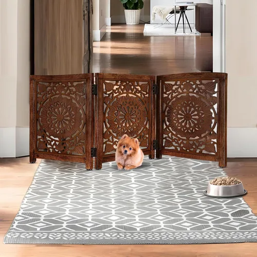 Vista 24 de Lightnpro Valla de madera geométrica para mascotas - Puerta de seguridad plegable independiente para perros, cachorros y mascotas pequeñas, valla
