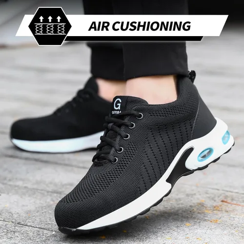 Vista 4 de GLANOUDUN Zapatos de punta de acero para hombre, zapatos de trabajo negros, zapatos de seguridad ligeros para hombres, zapatos de seguridad