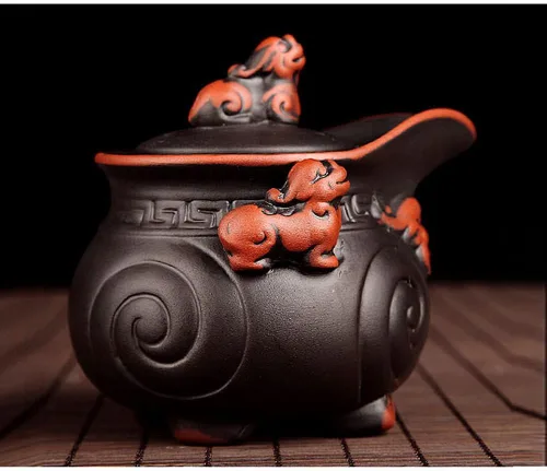 Vista 2 de Juego de tetera de cerámica hecha a mano, juego de tetera y taza de té chino Pi Xiu, tetera de porcelana Zisha Kung Fu, juegos de té de arcilla Negro