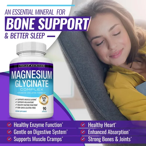 Vista 4 de Glicinato de magnesio 525 mg – Suplemento de magnesio quelado de alta absorción hecho con glicinato de magnesio puro – Apoya los músculos, sueño