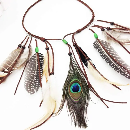Vista 5 de Diadema ajustable de plumas de pavo real, tocado de tejido bohemio con plumas de arrastre indio con cuentas de borla, marrón, estilo 3