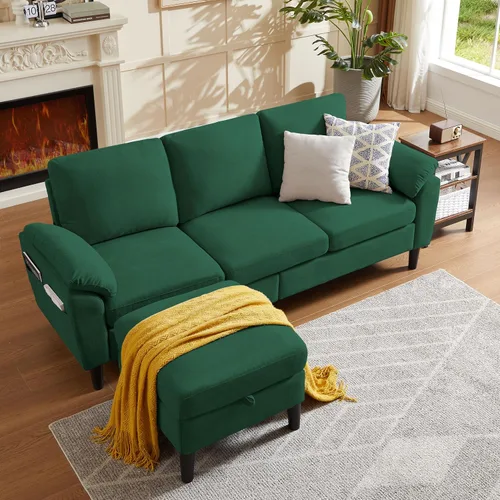 Vista 13 de Juego de 2 sofás para sala de estar, sofás convertibles en forma de L de 3 asientos con otomana y silla decorativa, sofá moderno de lino para Gris