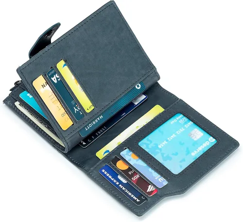 Vista 76 de LUKZIJAES Billetera de cuero genuino para hombre, con bloqueo RFID, delgada, plegable, bolsillo frontal, #3-Café, Vintage