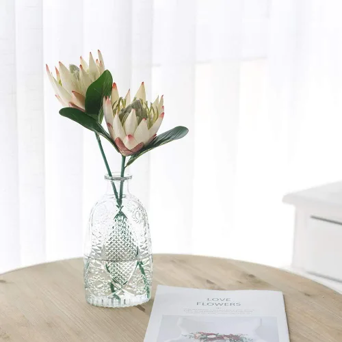 Vista 7 de Flores artificiales de seda falsa, Protea Cynaroides, arreglos florales de plástico, ramo de decoración para centros de mesa de boda, 3 piezas