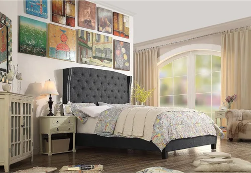 Vista 11 de Rosevera Essential - Base de cama de plataforma con cabecera capitoné tapizada de tela, soporte de listones de madera, fácil montaje, matrimonial
