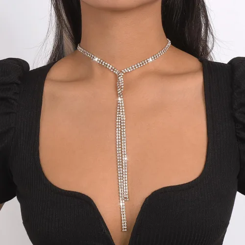 Vista 5 de Collar largo con diamantes de imitación en Y, Lariat, cristal plateado y dorado, con circonita cúbica, para mujeres y niñas, cadena para el cuerpo