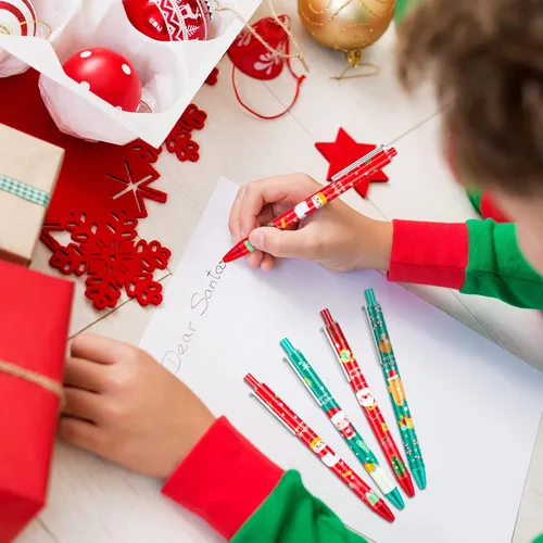 Vista 6 de Leinuosen 48 piezas de bolígrafos de Navidad a granel lindos bolígrafos retráctiles de tinta de gel de color rojo y verde, diseño de renos y árbol