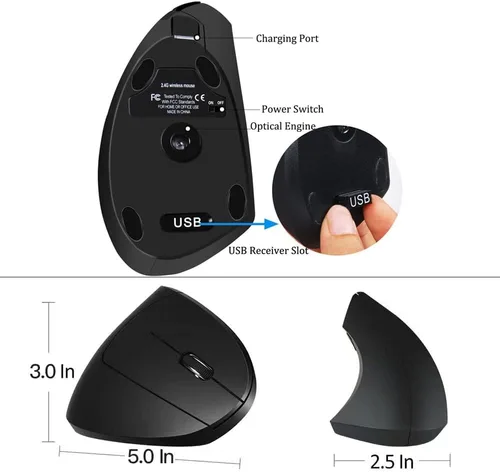 Vista 7 de Ratón ergonómico, mouse inalámbrico vertical de alta precisión, mouse vertical óptico recargable de 2.4 GHz, 3 DPI ajustables 80012001600 DPI