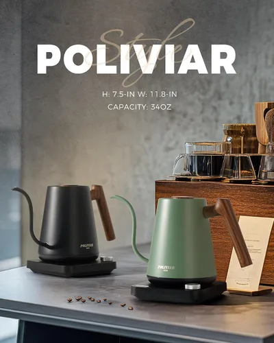 Vista 7 de POLIVIAR Hervidor Eléctrico de Cuello de Cisne, 1350W Hervidor Eléctrico para Té con Mango de Patrón de Madera, 34oz Hervidor Eléctrico Vertedor