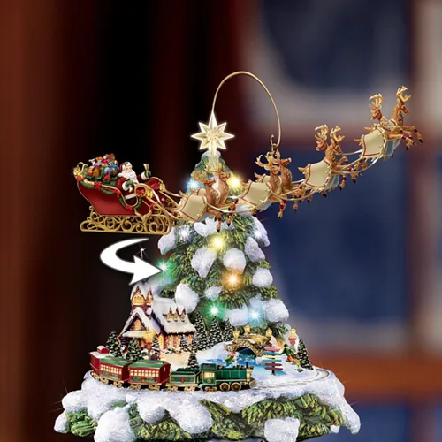 Vista 2 de Thomas Kinkade Hawthorne Village Centro de mesa de árbol de navidad, con tren expreso al país de las maravillas.
