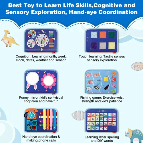 Vista 3 de JHkim Busy Board - Juguetes Montessori para niños y niñas de 1, 2, 3, 4 años Regalos, juguete sensorial para niños pequeños de 1 a 3 años