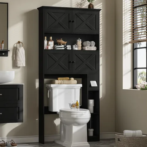 Vista 10 de Armario de almacenamiento sobre el inodoro con puertas y soporte para papel, color espresso