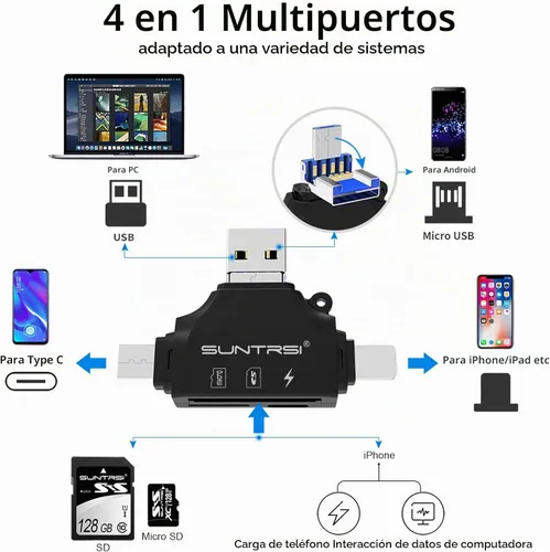 Vista 3 de Lector de tarjetas SD 4 en 1 para iPhone, iPad, Android, Mac, PC, cámara, lector de tarjetas micro SD, adaptador de tarjetas SD portátil, lector