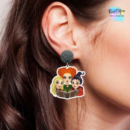 Vista 6 de Aretes divertidos de hermanas de bruja de Halloween, aretes de Hocus Pocus, accesorios de disfraz de bruja para mujeres y niñas