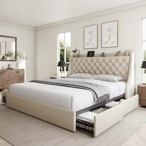 Vista 16 de GalnFu Marco de cama de tamaño completo con 4 cajones de almacenamiento, cabecera tapizada grande tipo wingback, estación de carga rápida,