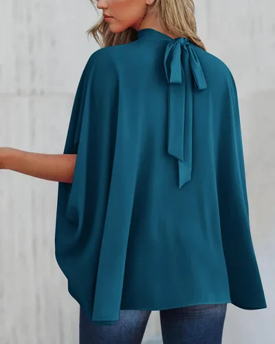 Vista 30 de BTFBM Blusas de verano para mujer, cuello alto falso, manga murciélago, holgadas, dobladillo alto y bajo, blusas informales de gran